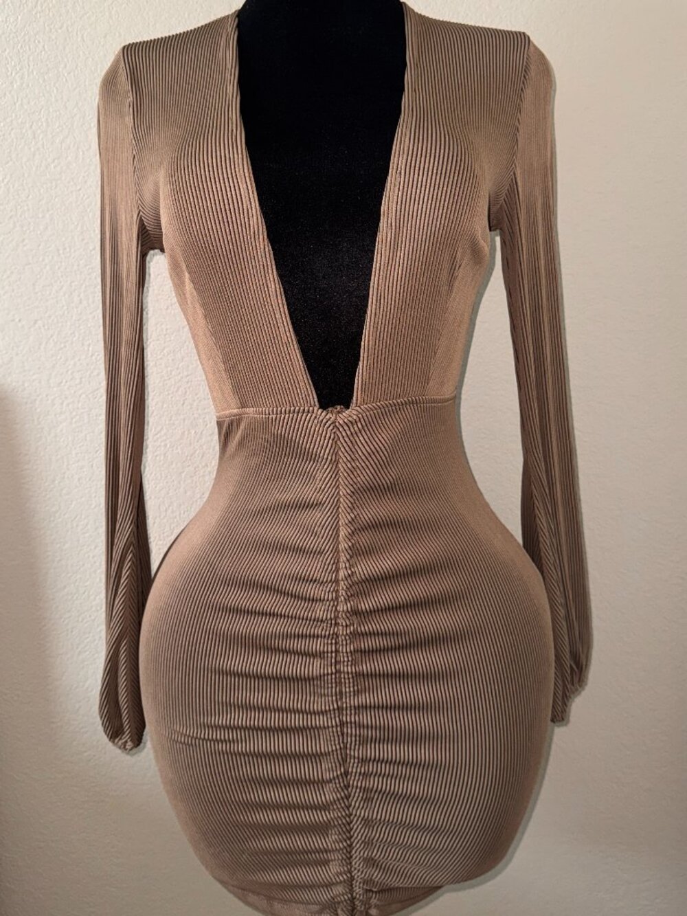 Deep V Ruched Ribbed Midi Dress | Long Sleeve Bodycon | Sculpting Fit